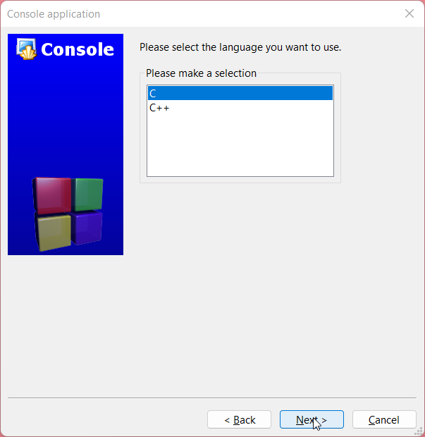 Setting Up Code::Blocks IDE for C Programming: Step 11: Choosing C for which programming language to use