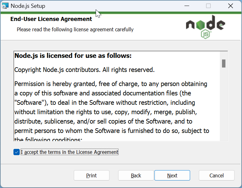 How to install Node.js to run JavaScript: Step 1c: On 'End-User License Agreement' window, click the check box to accept agreement. Click Next.