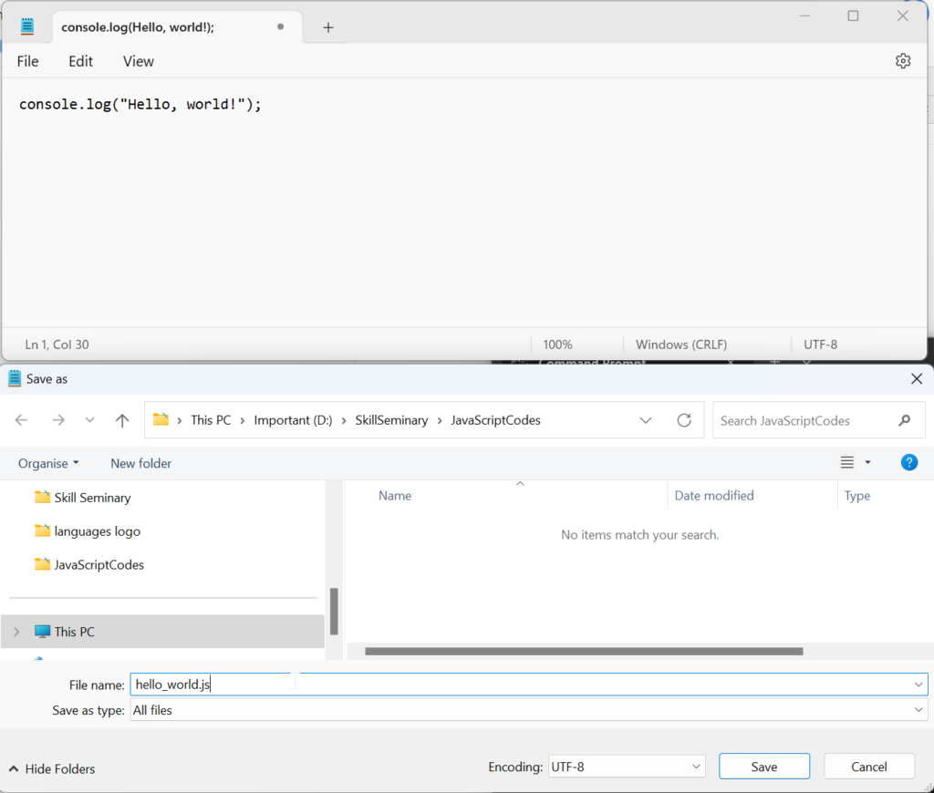Run JavaScript using Node.js with Windows Command line or PowerShell: Step 3: Write your JavaScript code in a file and save as a .js extension