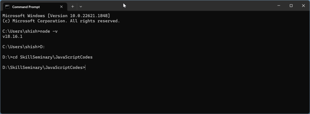 Run JavaScript using Node.js with Windows Command line or PowerShell: 4. Open your command line or terminal, navigate to the directory containing your .js file.