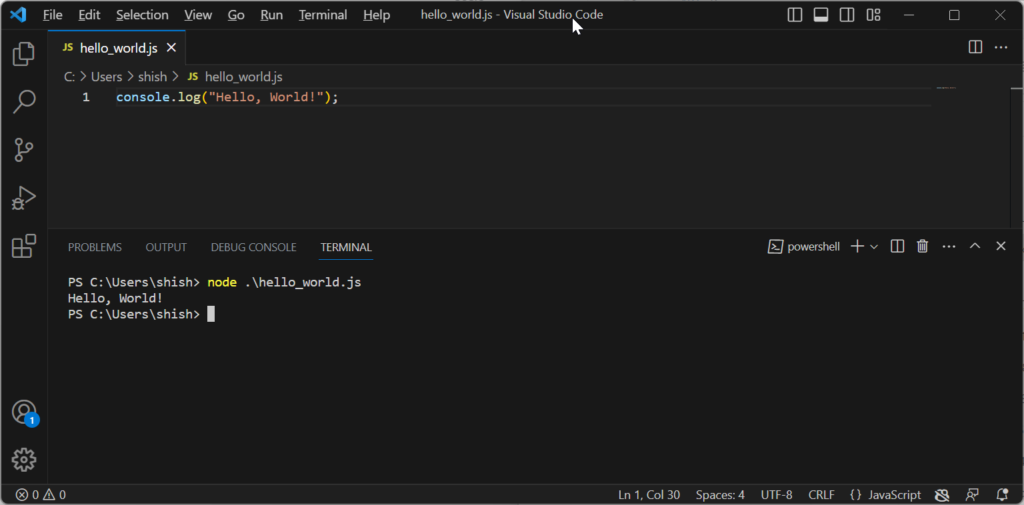 How to Run JavaScript on Visual Studio Code with Node.js: Open the Terminal and Run your JavaScript code