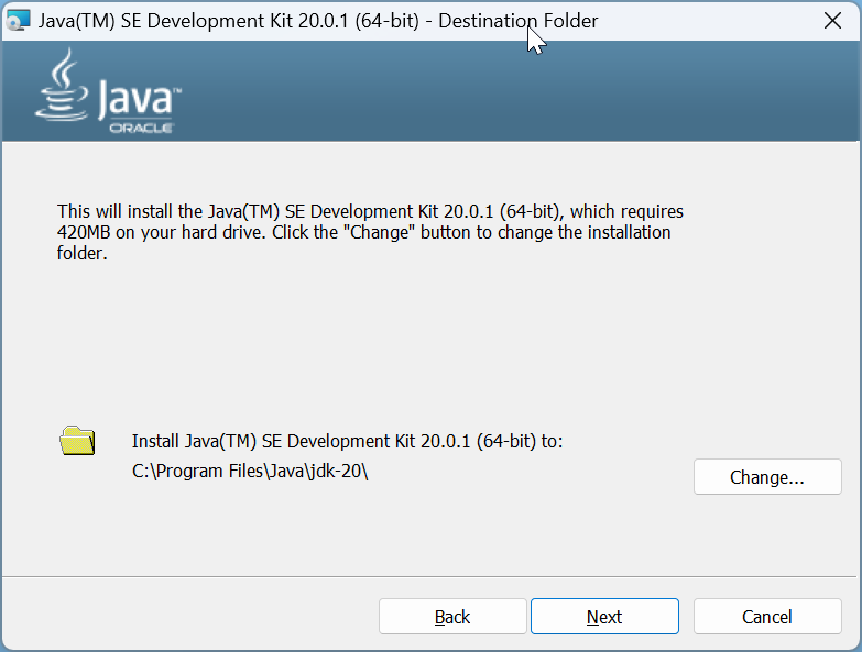 Click Next on "Java(TM) SE Development Kit xx.x.x (64-bit) - Destination Folder" window