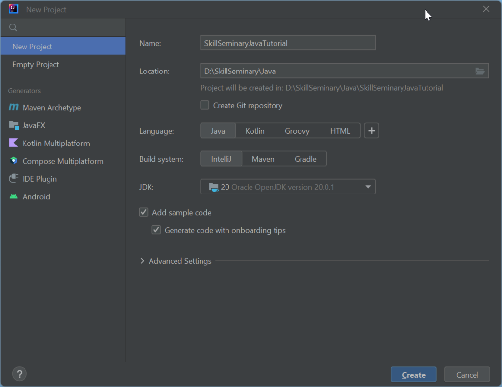 IntelliJ IDEA - New Project window