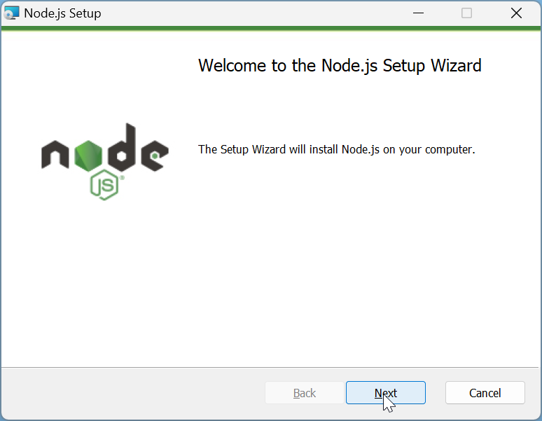 How to install Node.js to run JavaScript: Step 1b: On 'Welcome to Note.js setup wizard' window, Click Next.